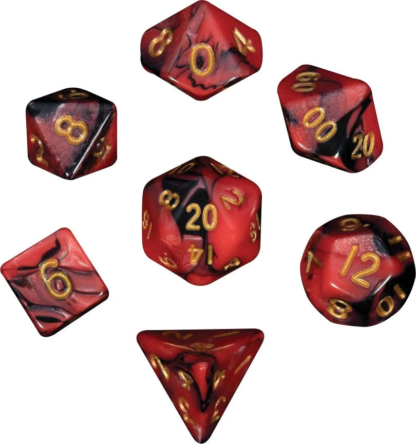 10mm Mini Polyhedral Dice set: Red/Black w/ Gold Number