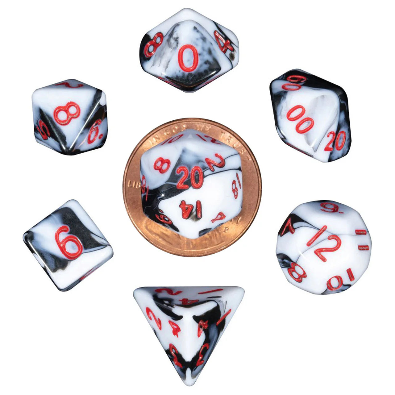 10mm Mini Polyhedral Dice set: Marble w/ Red Numbers