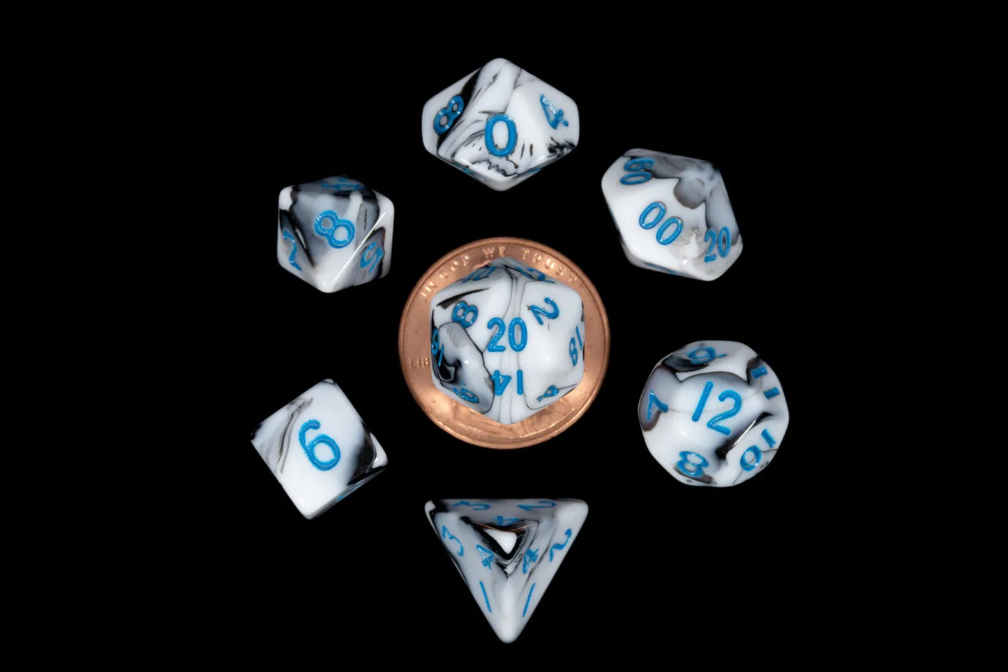 10mm Mini Polyhedral Dice Set: Marble w/ Blue Number